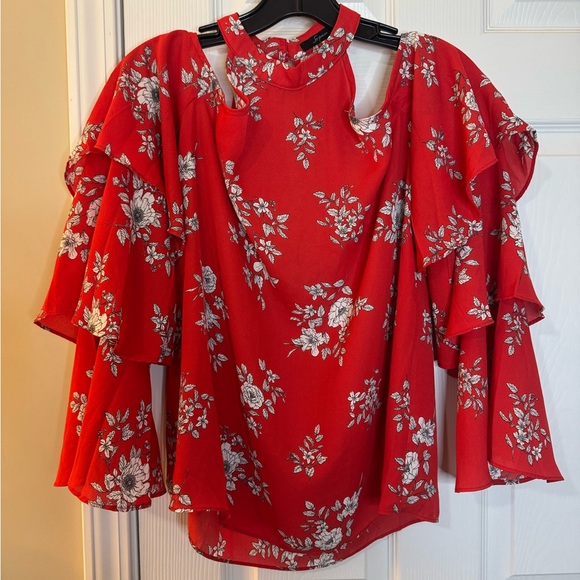 Soprano Red Floral Cold Shoulder Blouse with Ruffle Sleeves - Picture 1 of 5